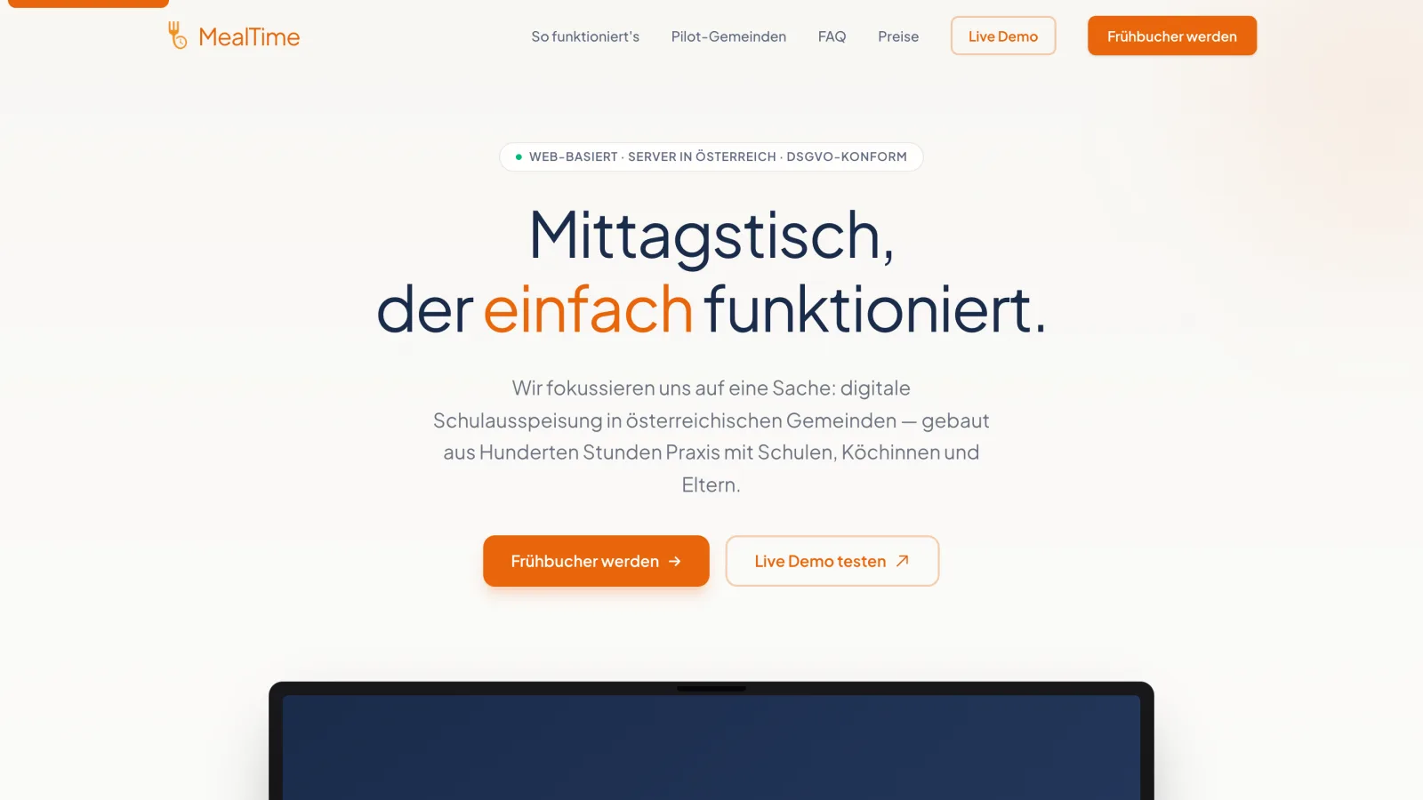 Screenshot of the MealTime product page schulmittag.at — digital school catering